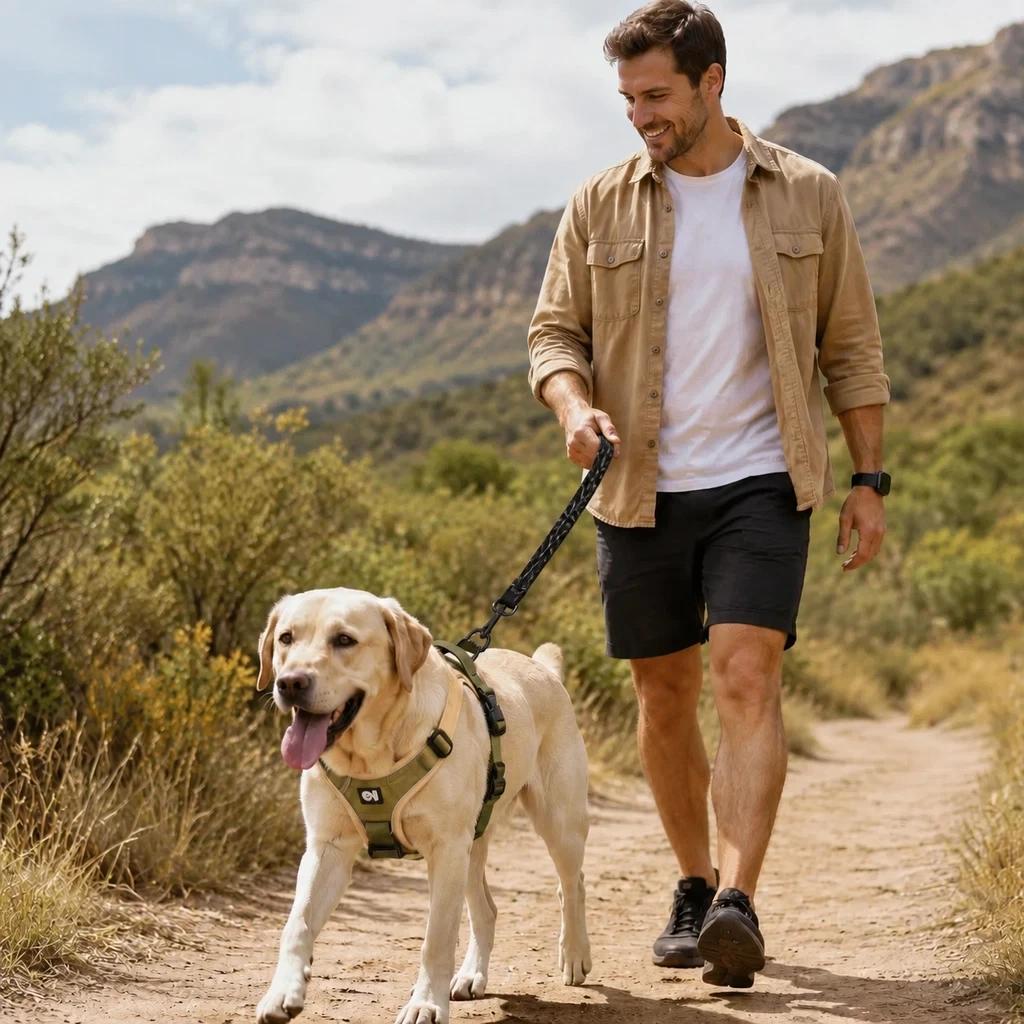 Pet parent and dog hiking together in the mountains