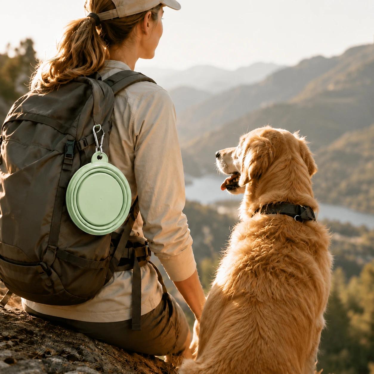 Pet parent fastening a dog's harness before an outdoor adventure