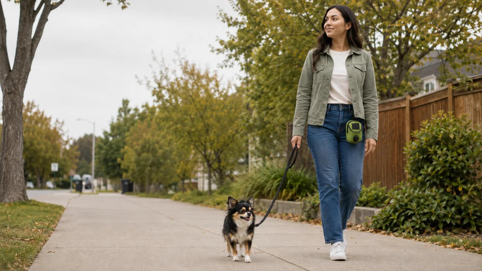 Woman walking a small dog with a green treat and waste bag pouch clipped at her hip