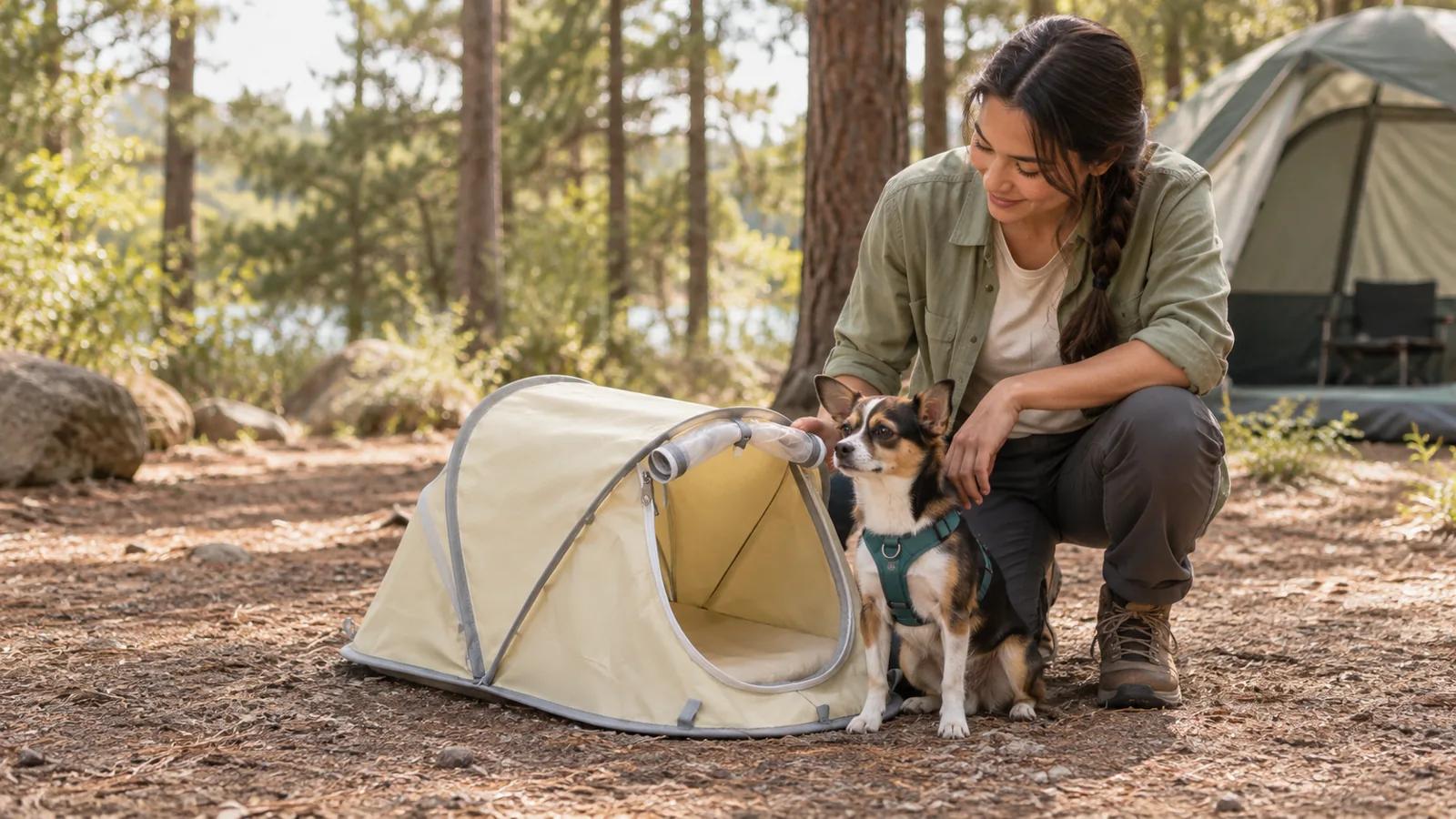 Small dog beside a cream pop-up pet tent at a quiet wooded campsite