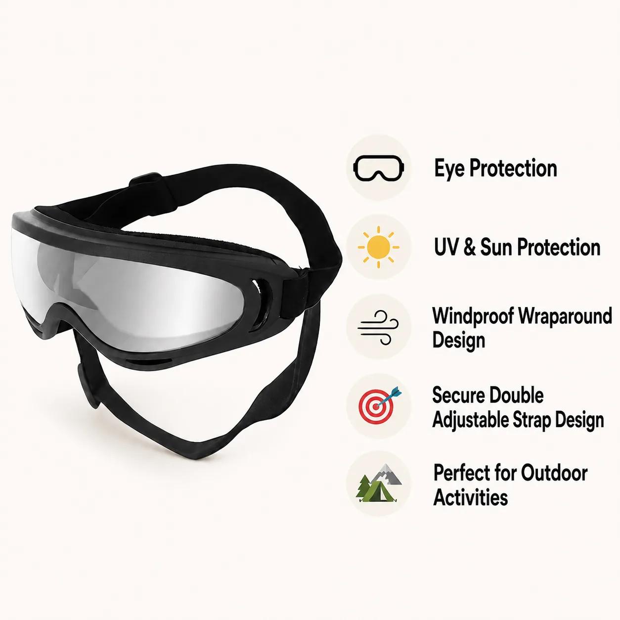 Silver-lens dog goggles feature guide showing lens coverage ventilation and adjustable straps