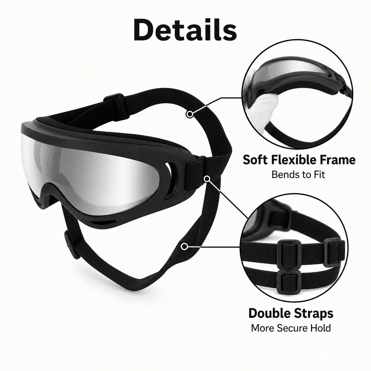 Close-up of black dog goggles showing the flexible frame and dual adjustable straps