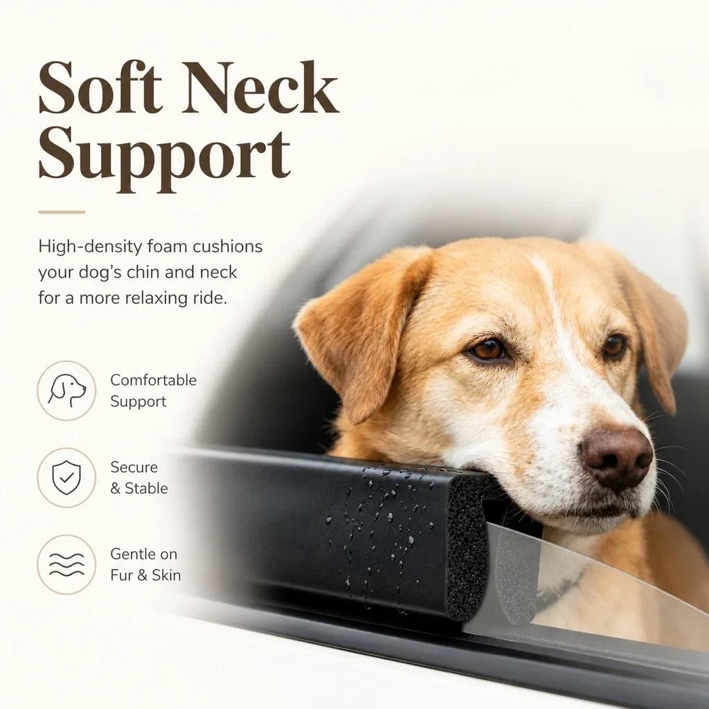 Dog resting its chin on a black car window headrest cushion