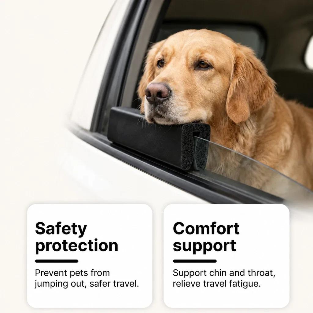 Golden retriever resting its chin on a black car window cushion