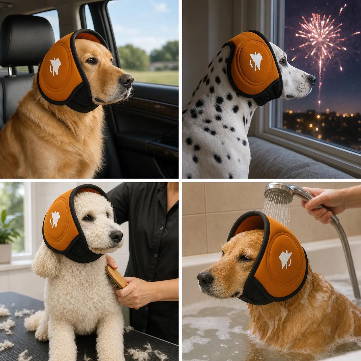 Dogs wearing calming ear muffs during car travel fireworks grooming and bathing