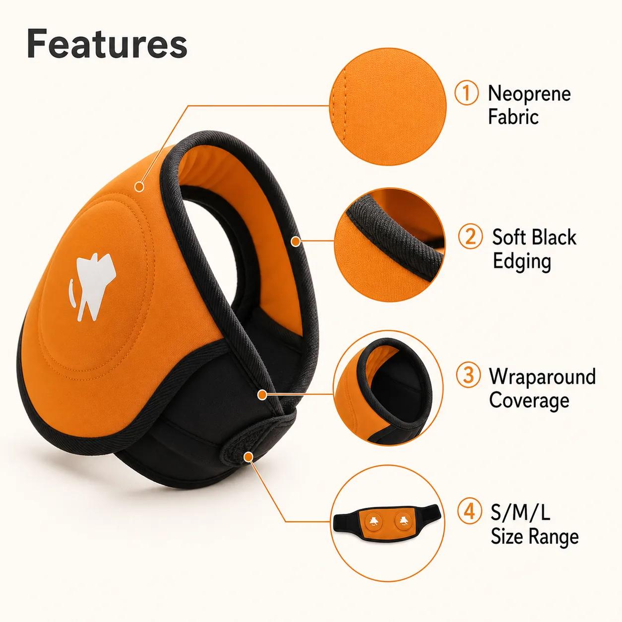 Orange dog ear muff feature guide showing soft fabric smooth edges and wraparound fit