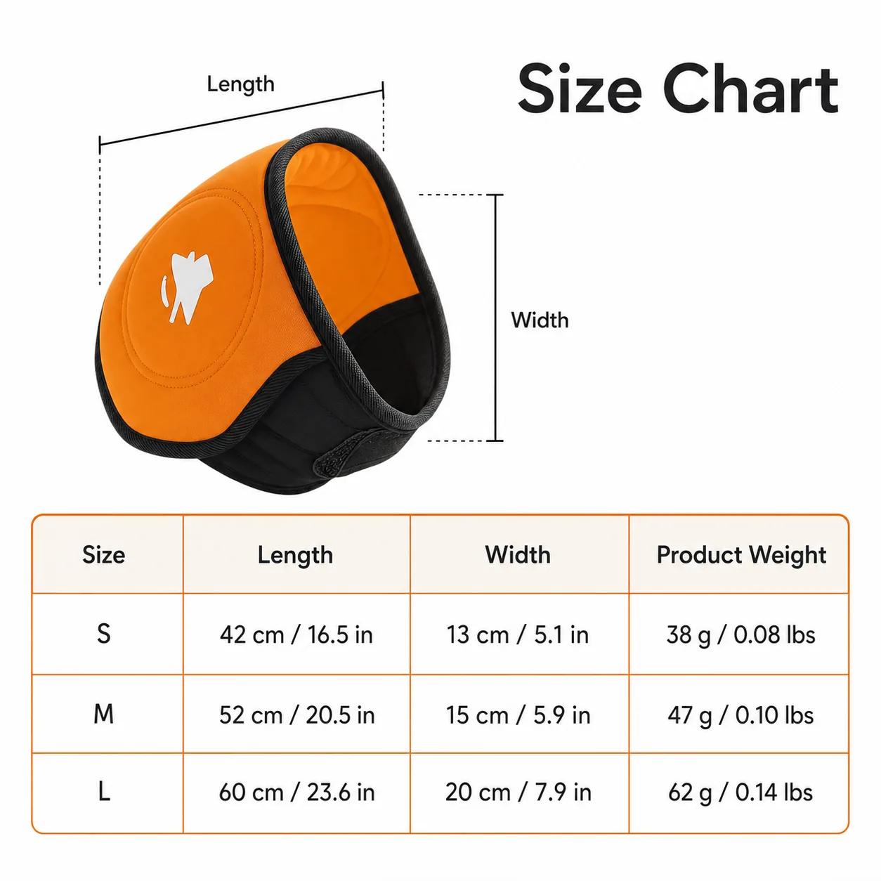 Size chart for dog calming ear muffs in small medium and large