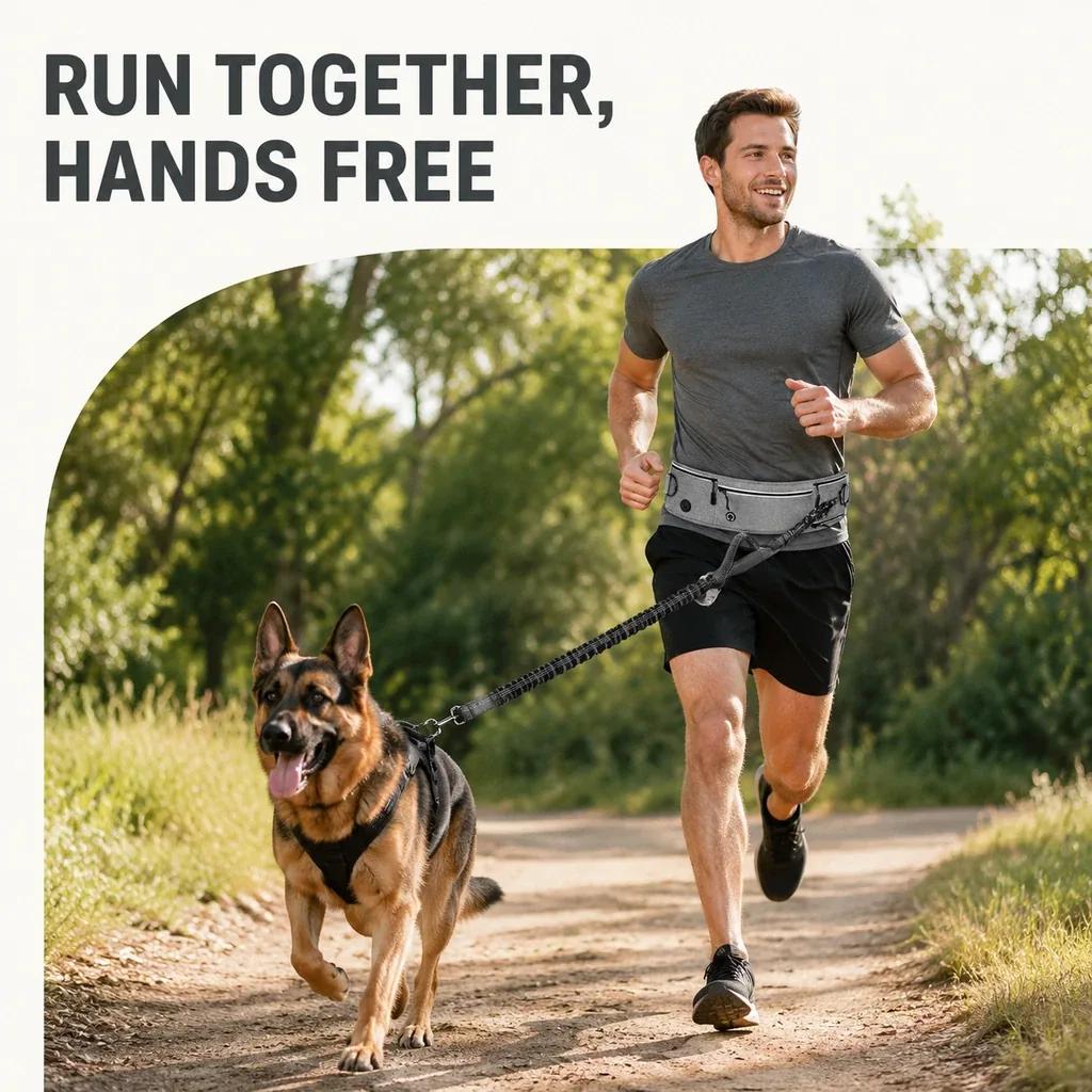 Man running with a German shepherd using a gray hands-free dog running belt and bungee leash