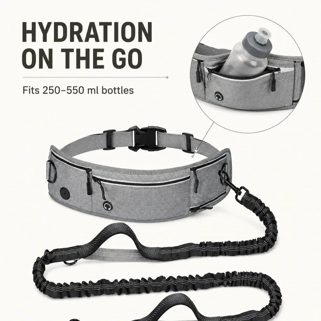 Gray dog running belt hydration pocket shown with 250 to 550 ml bottles