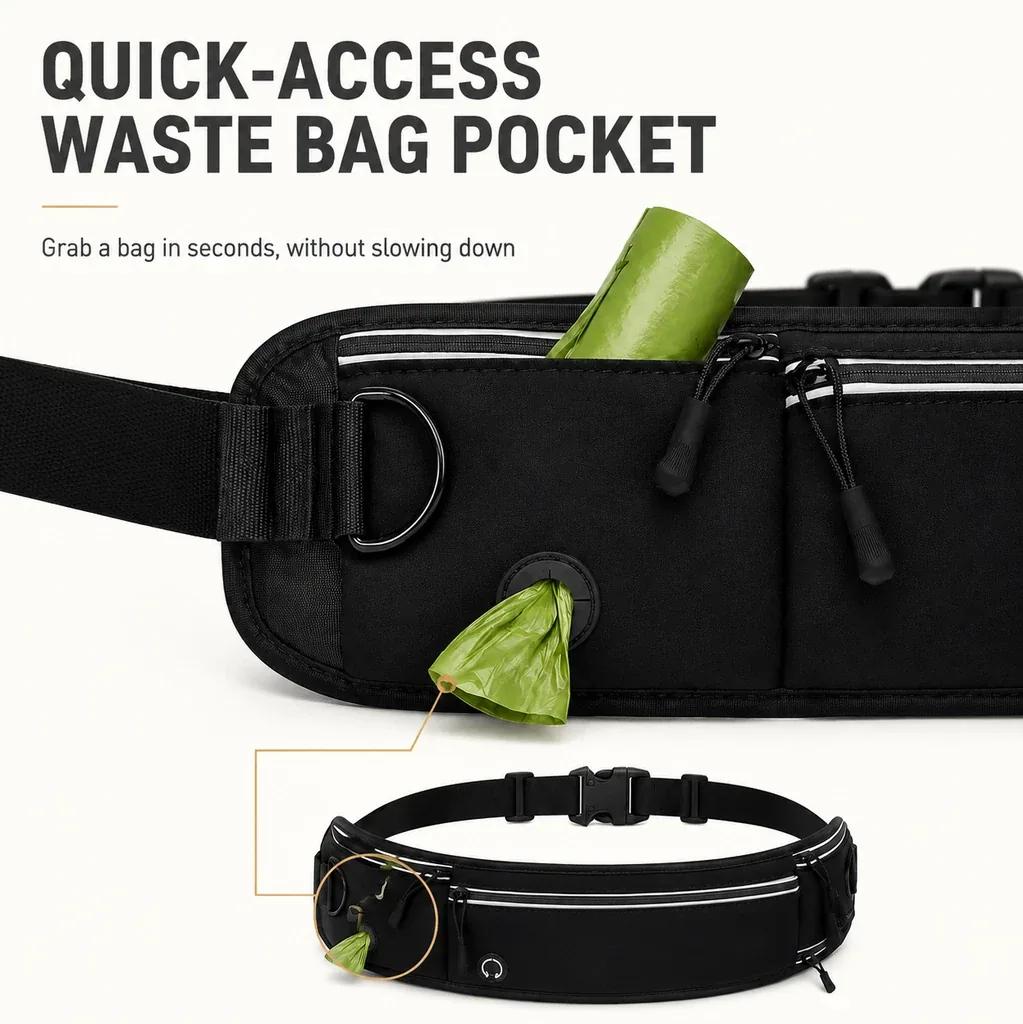 Black hands-free dog running belt with quick-access waste bag pocket