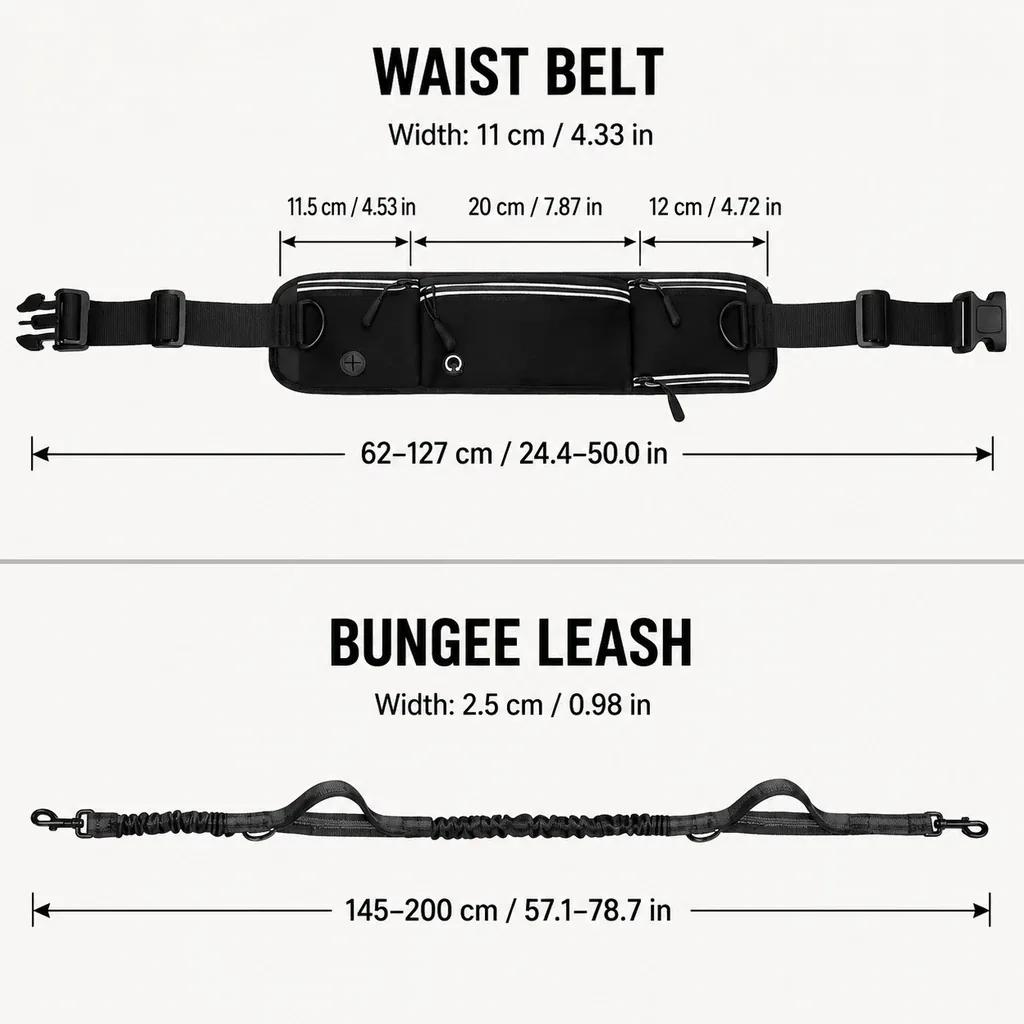 Waist belt and bungee leash size chart for the hands-free dog running belt