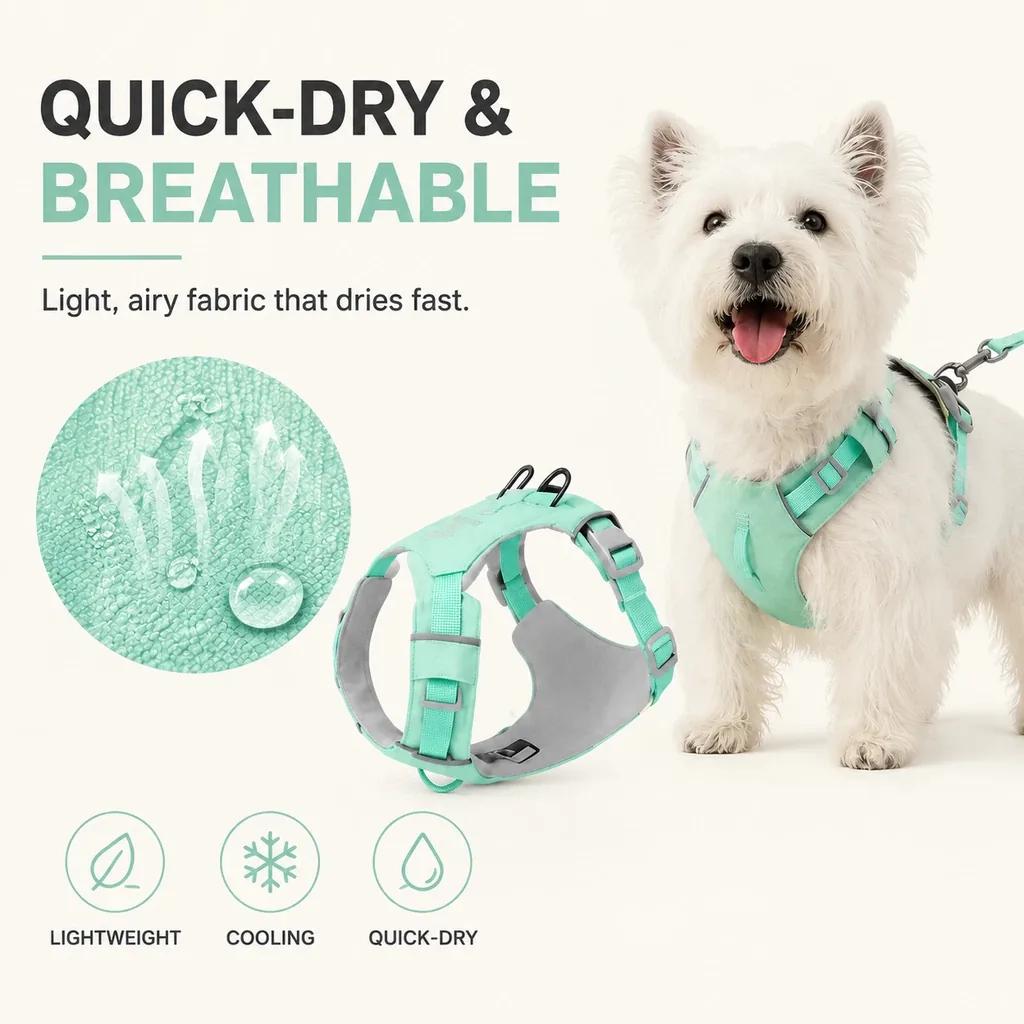 White terrier wearing a mint breathable dog harness with mesh fabric close-up