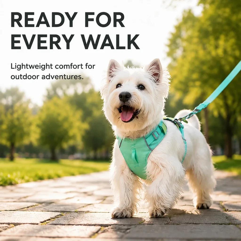 White terrier wearing a mint lightweight dog harness outdoors