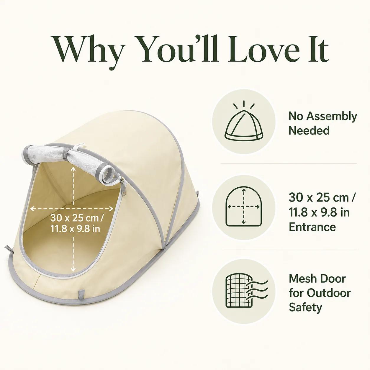 Pop-up pet tent feature guide showing no-assembly design mesh door and entrance dimensions
