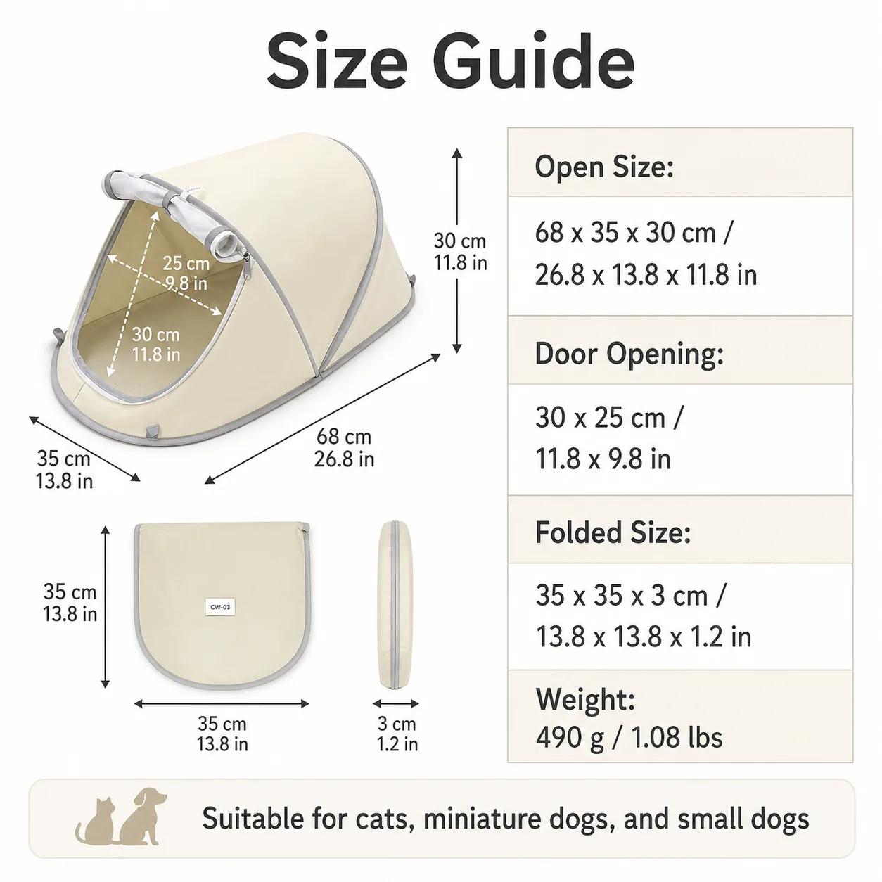 Pop-up pet tent size and folded-storage chart with dimensions and weight
