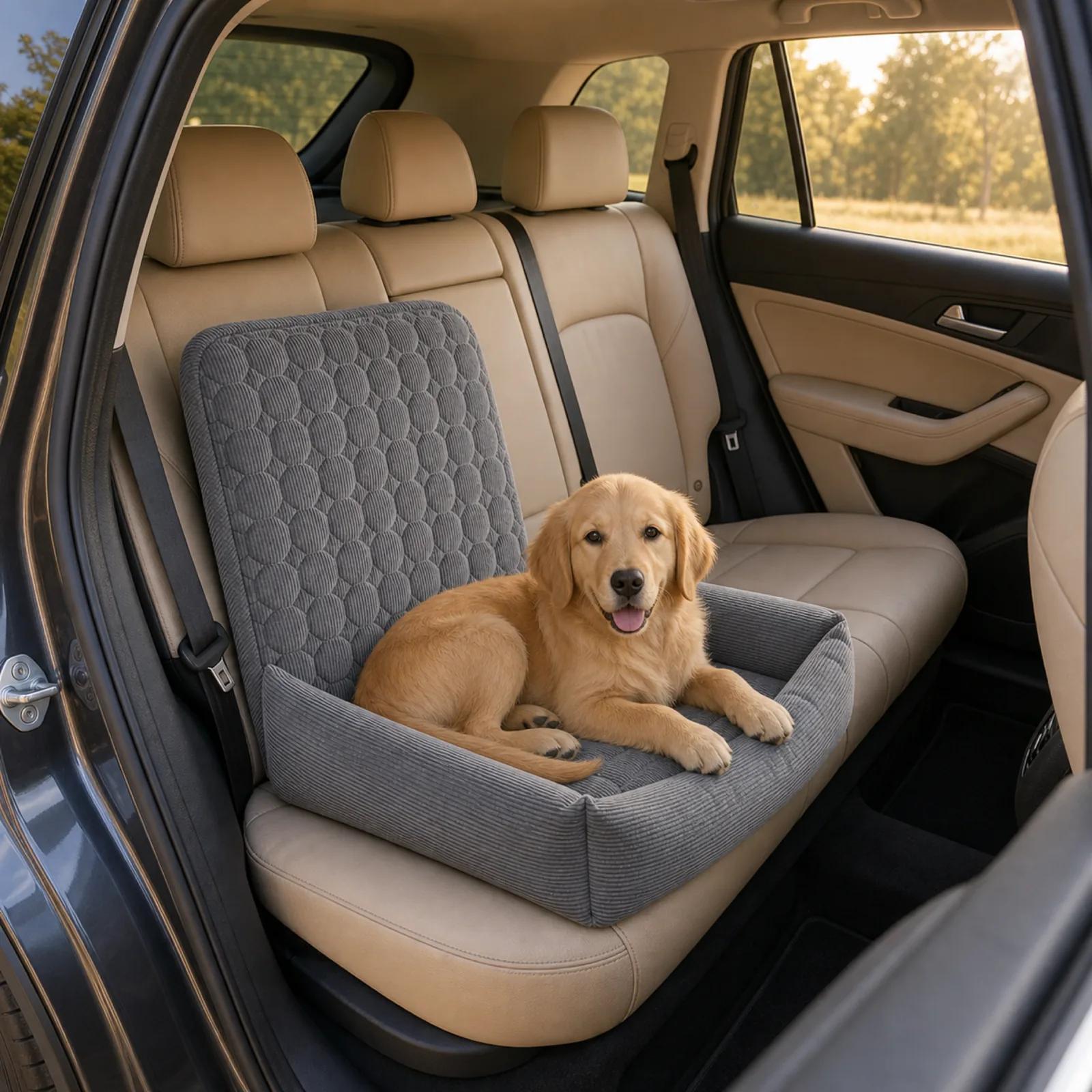 Golden retriever lying on a gray pet car seat across the rear vehicle seat