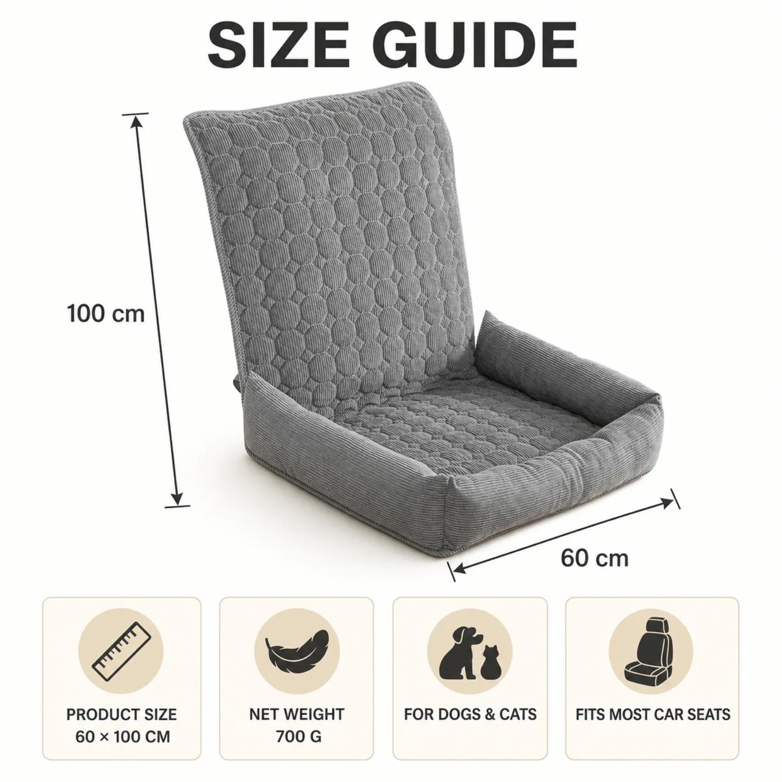 Pet car seat size guide showing 60 by 100 cm dimensions and 700 g weight