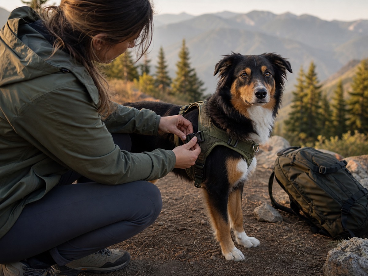 Owner fastening an adventure harness on a dog at a mountain trailhead